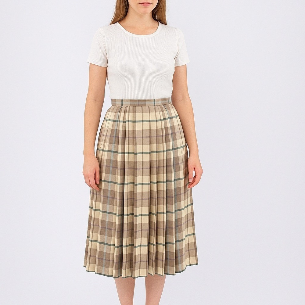 Vintage 70s JG Hook Plaid‎ Pleated Midi Skirt ALine Academia Career Preppy